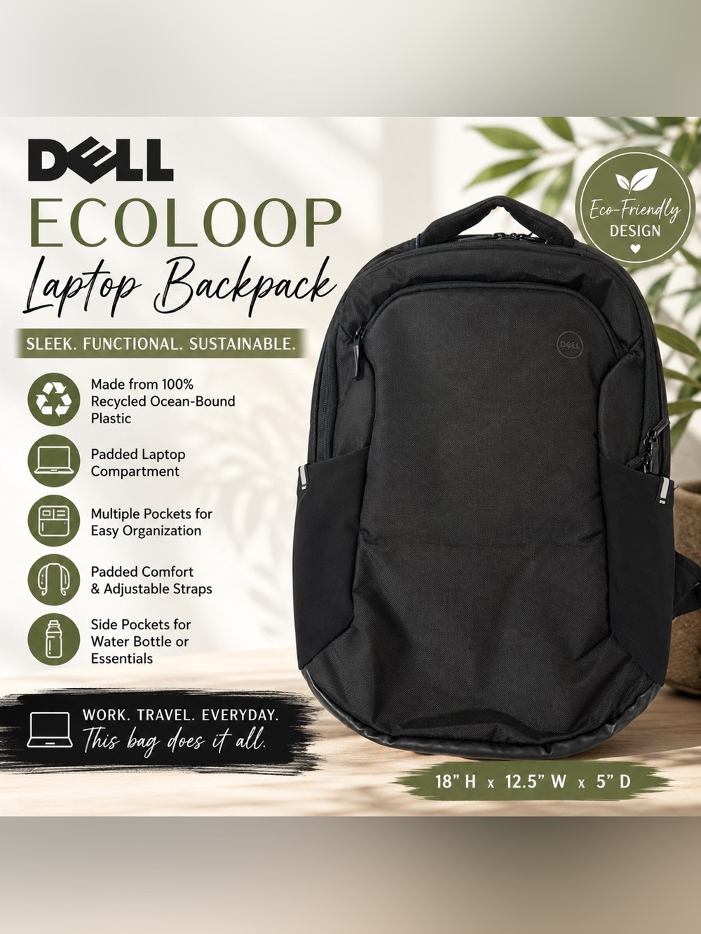 Dell EcoLoop Black Laptop Backpack Recycled Tech Work Travel Bag